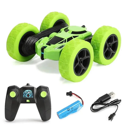 Green RC stunt car with 2.4G remote controller and charging cable