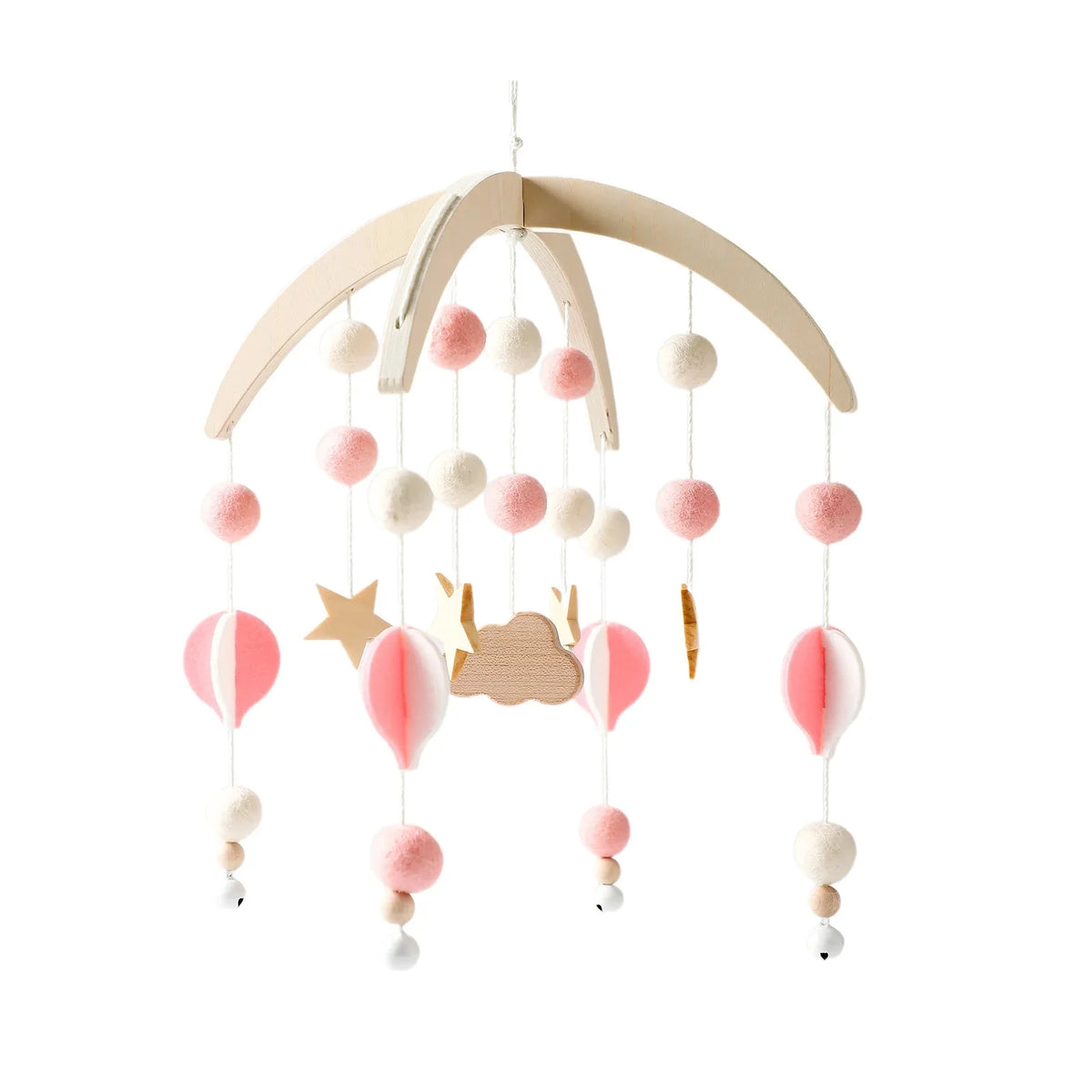 Wooden crib mobile with pink-and-cream pom pom beads, stars, and cloud motif