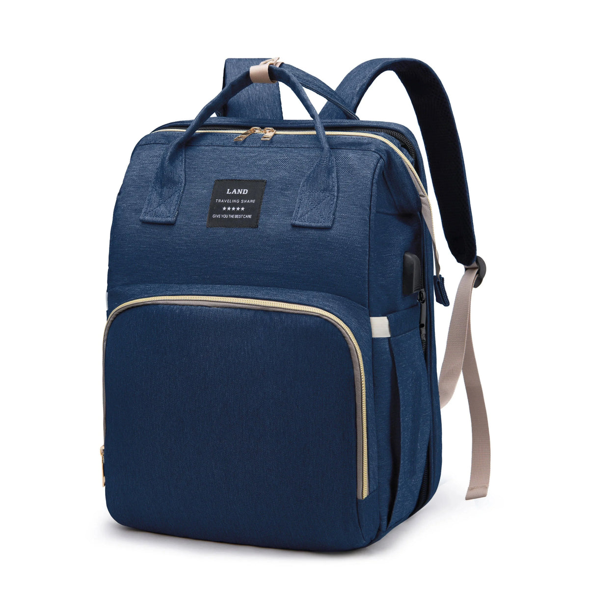 Blue diaper backpack with padded top handle, front organizer panel, and side pockets