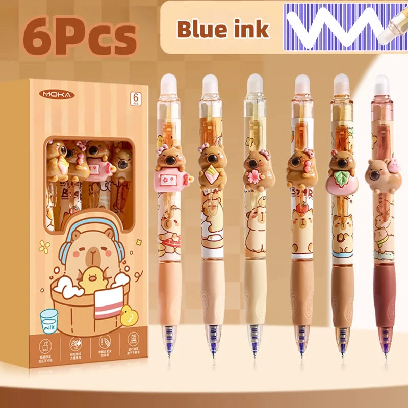 Kawaii Capybara Erasable Gel Pens – Set of 6 Cute Capy Buddies Pens | Blue Ink | Kawaii Stationery Gift
