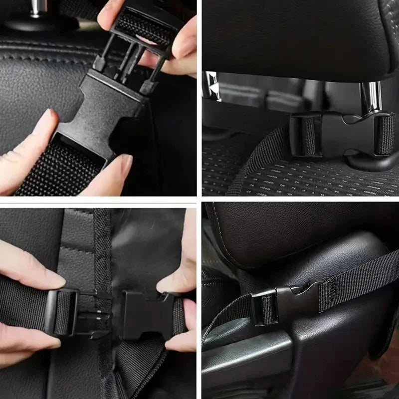 Car seat back organizer bag attachment straps with adjustable buckles