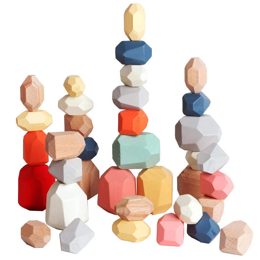 Wooden stacking rocks toy with multicolor geometric pieces in a tall stack