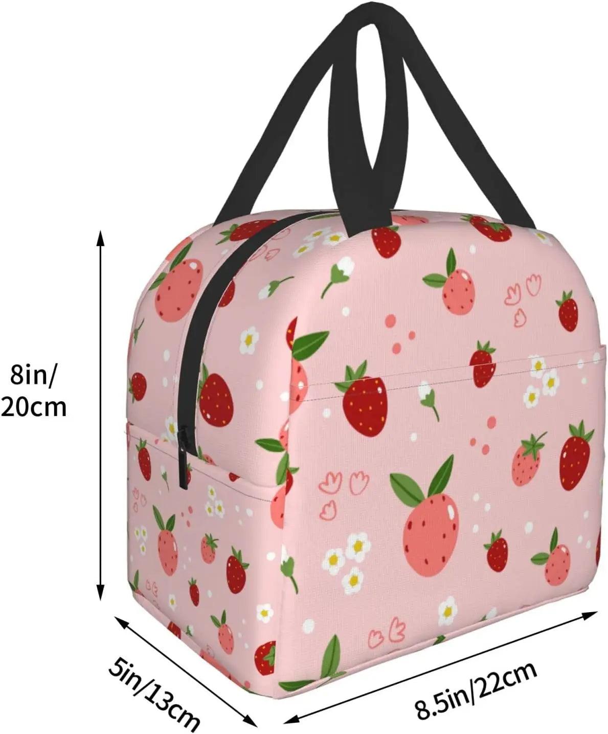 Pink strawberry print insulated lunch bag with black carry handles