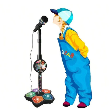 Black kids microphone stand toy with multicolor light-up base, with cartoon costume figure