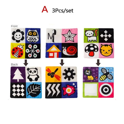 Set of 3 fabric sensory squares with animal and shape patterns, front and back views