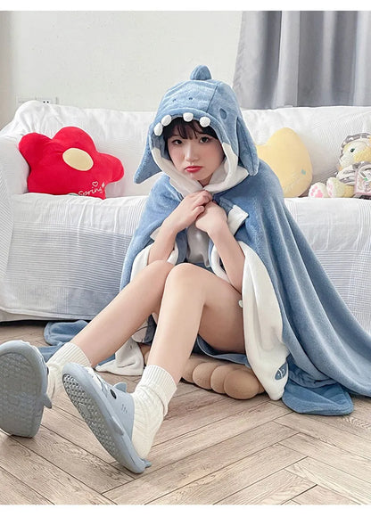 Shark-themed light blue blanket hoodie cloak, hood with white teeth trim
