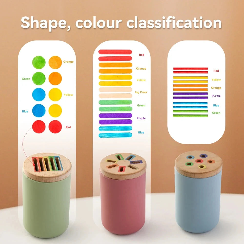Montessori Colour Sorting Stick & Pot Toy – Wooden Rainbow Sticks, Colour Discs & Holed Lid | BPA-Free | Toddler Learning & Birthday Gift