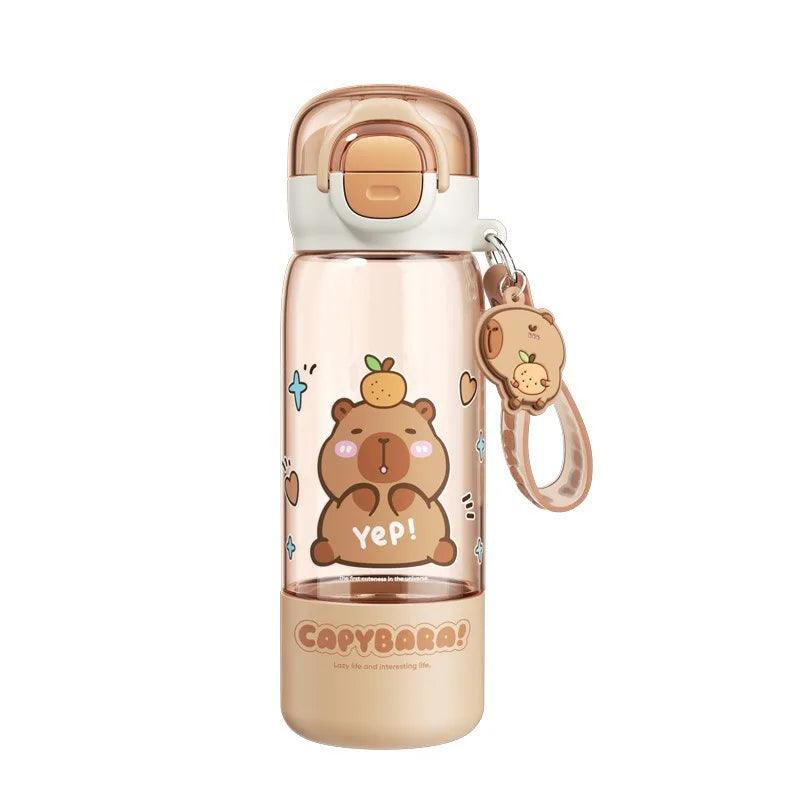 Capybara-themed water bottle with clear body, white cap and orange latch, bear cartoon print