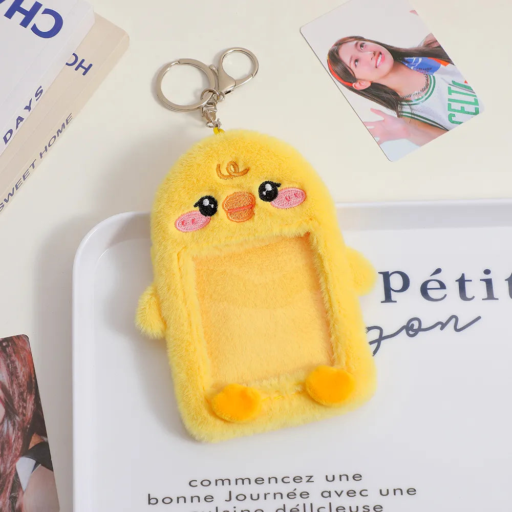 Yellow plush animal photo card holder keychain with key ring and photo window
