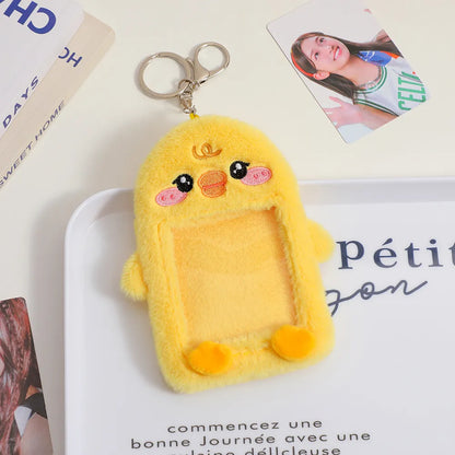 Yellow plush animal photo card holder keychain with key ring and photo window