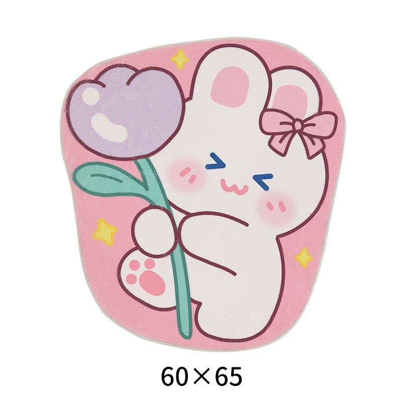Cute washable non-slip area rug with white bunny holding a green carrot, 60 x 65