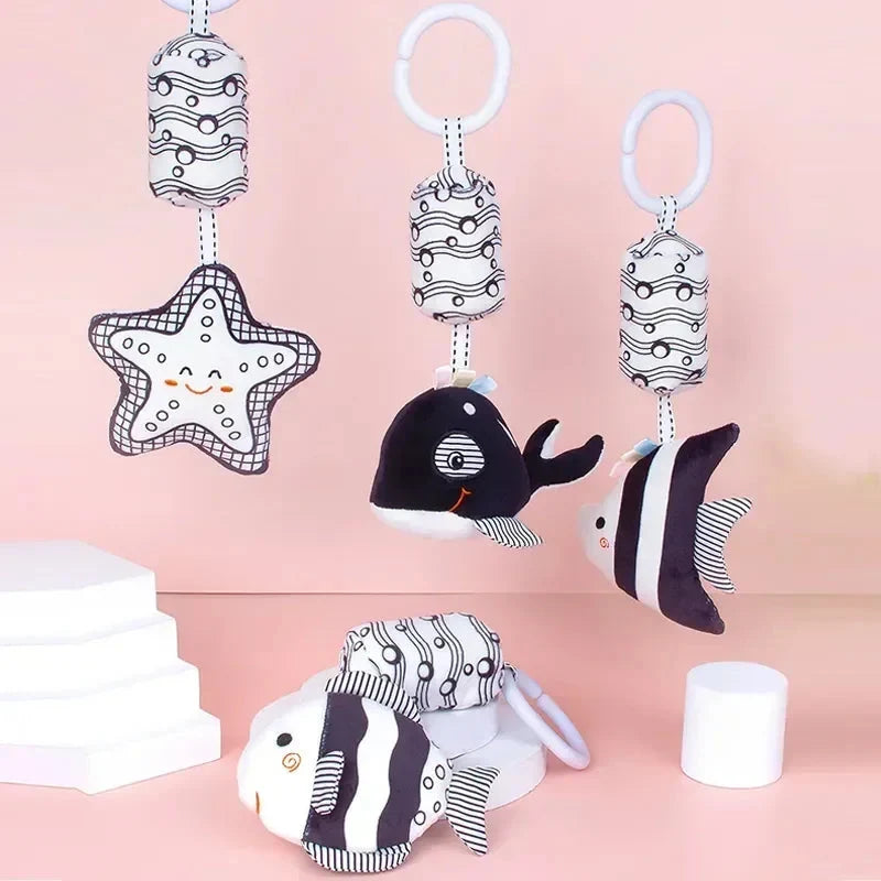 Stroller hanging animal plush rattles set with star, fish, whale, and sea-creature shapes