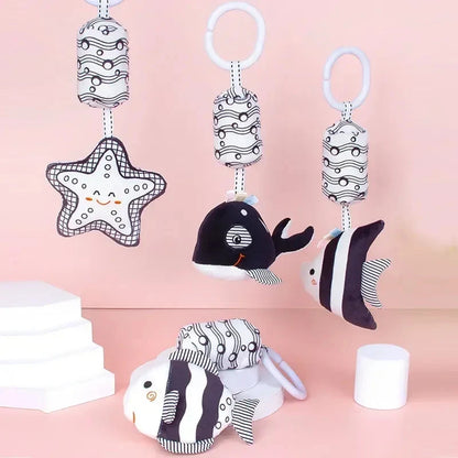 Stroller hanging animal plush rattles set with star, fish, whale, and sea-creature shapes