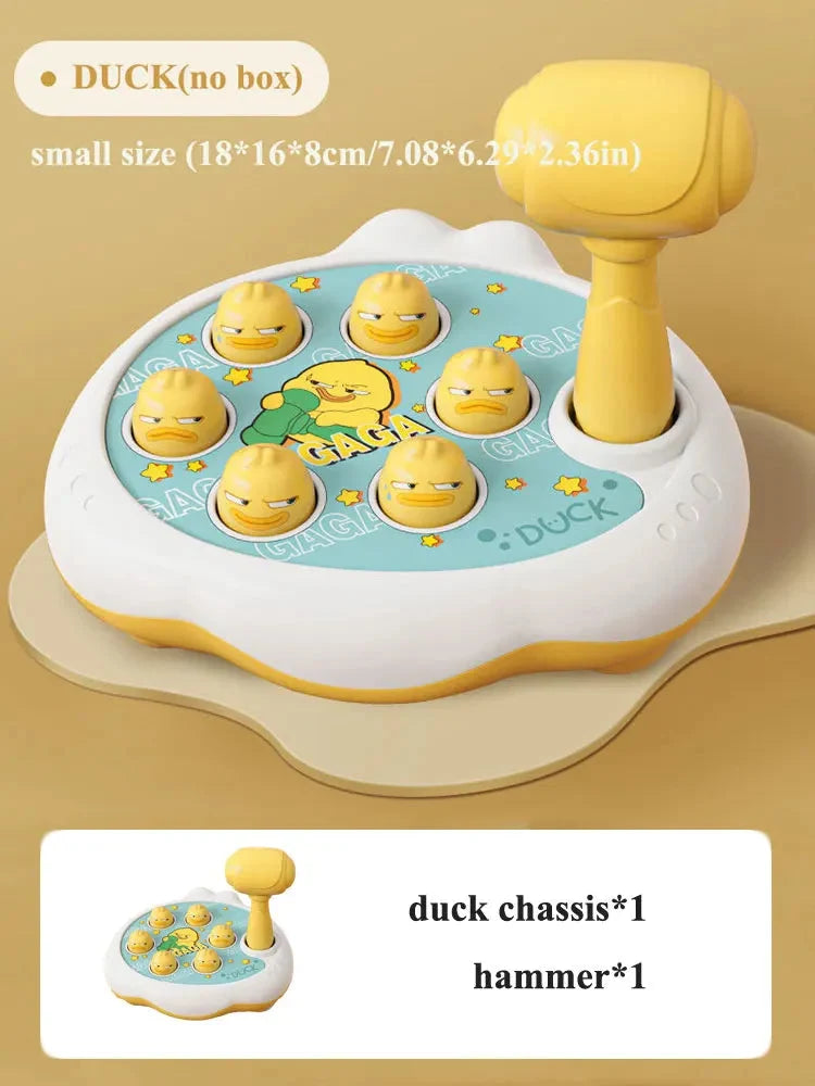 Duck-themed toddler shape hammer toy with yellow duck pieces on a round base