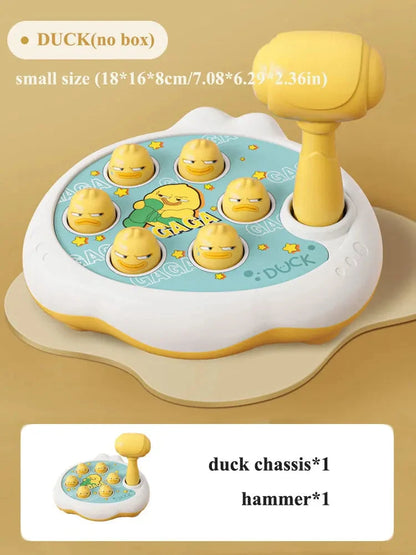 Duck-themed toddler shape hammer toy with yellow duck pieces on a round base