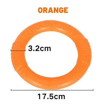 Durable dog ring toy, orange textured rubber ring with size markers, 17.5 cm