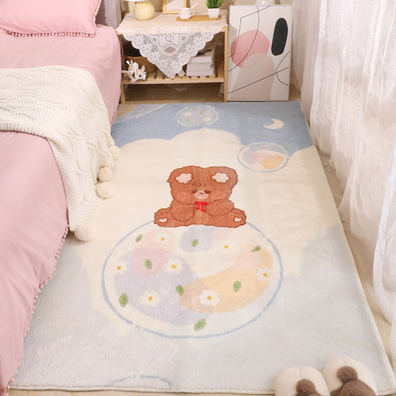 Cute animal and cloud print area rug with light beige and blue oval motif.