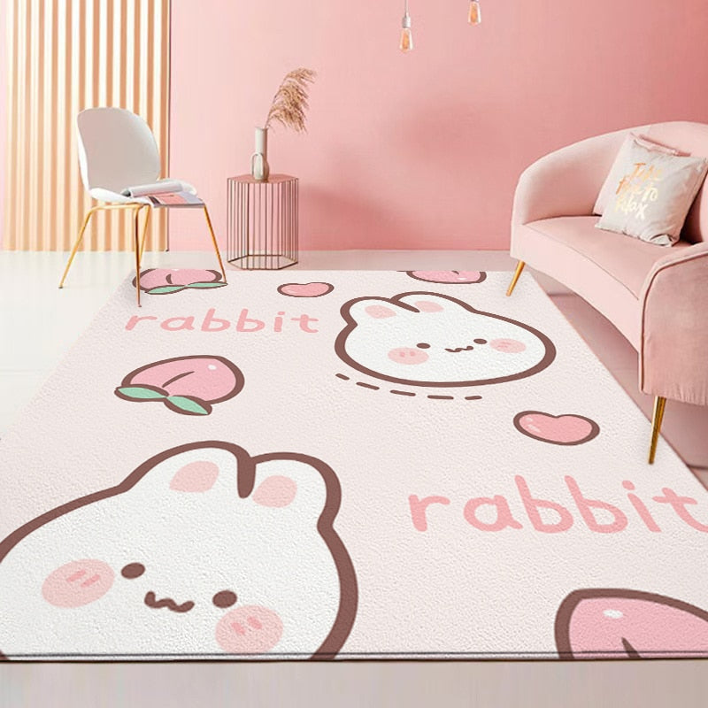 White and pink rabbit area rug with cartoon bunnies, eggs, and heart shapes