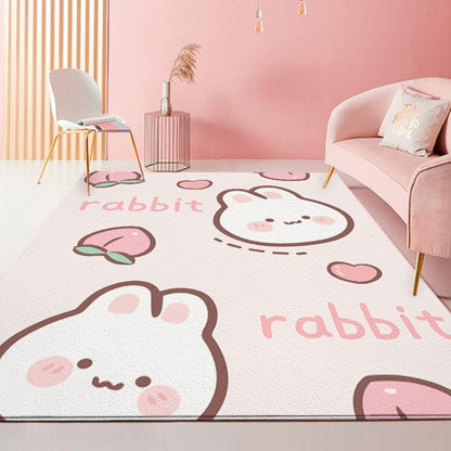 White and pink rabbit area rug with cartoon bunnies, eggs, and heart shapes