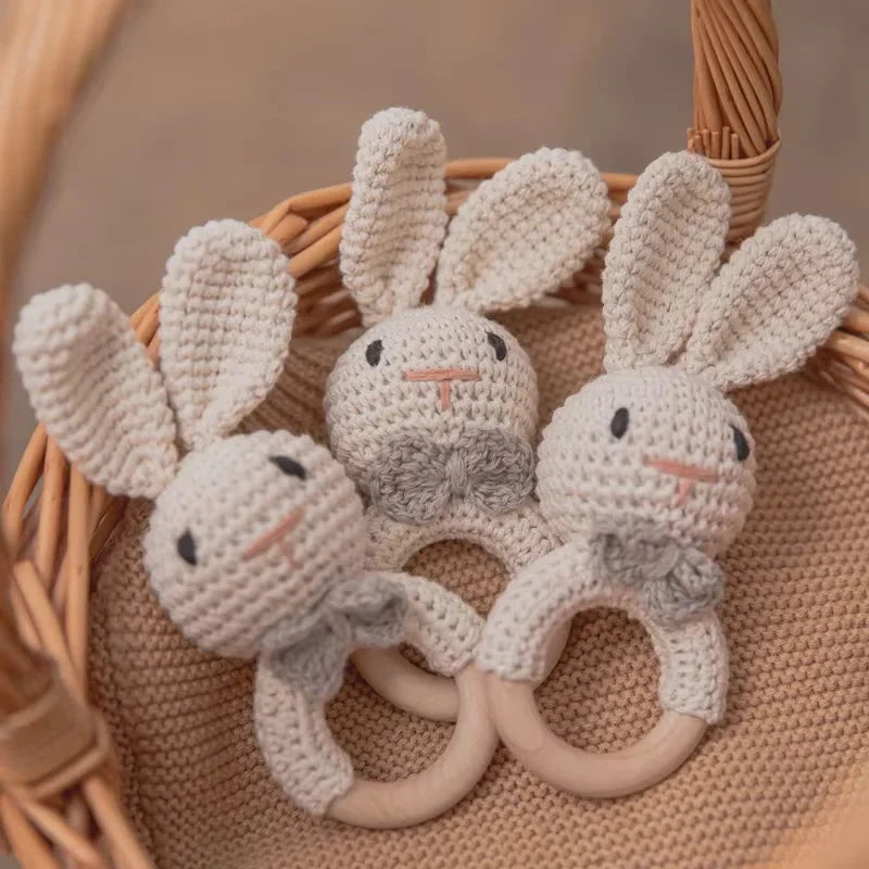 Baby Crochet Rattle & Wooden Teether Toy – BPA Free | Soft Animal Design | Giraffe, Bunny, Lion & More | Newborn Baby Shower Gift