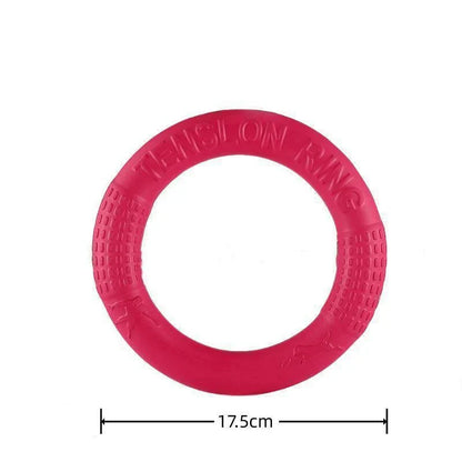 Durable dog ring toy, magenta/red textured rubber ring, 17.5 cm diameter