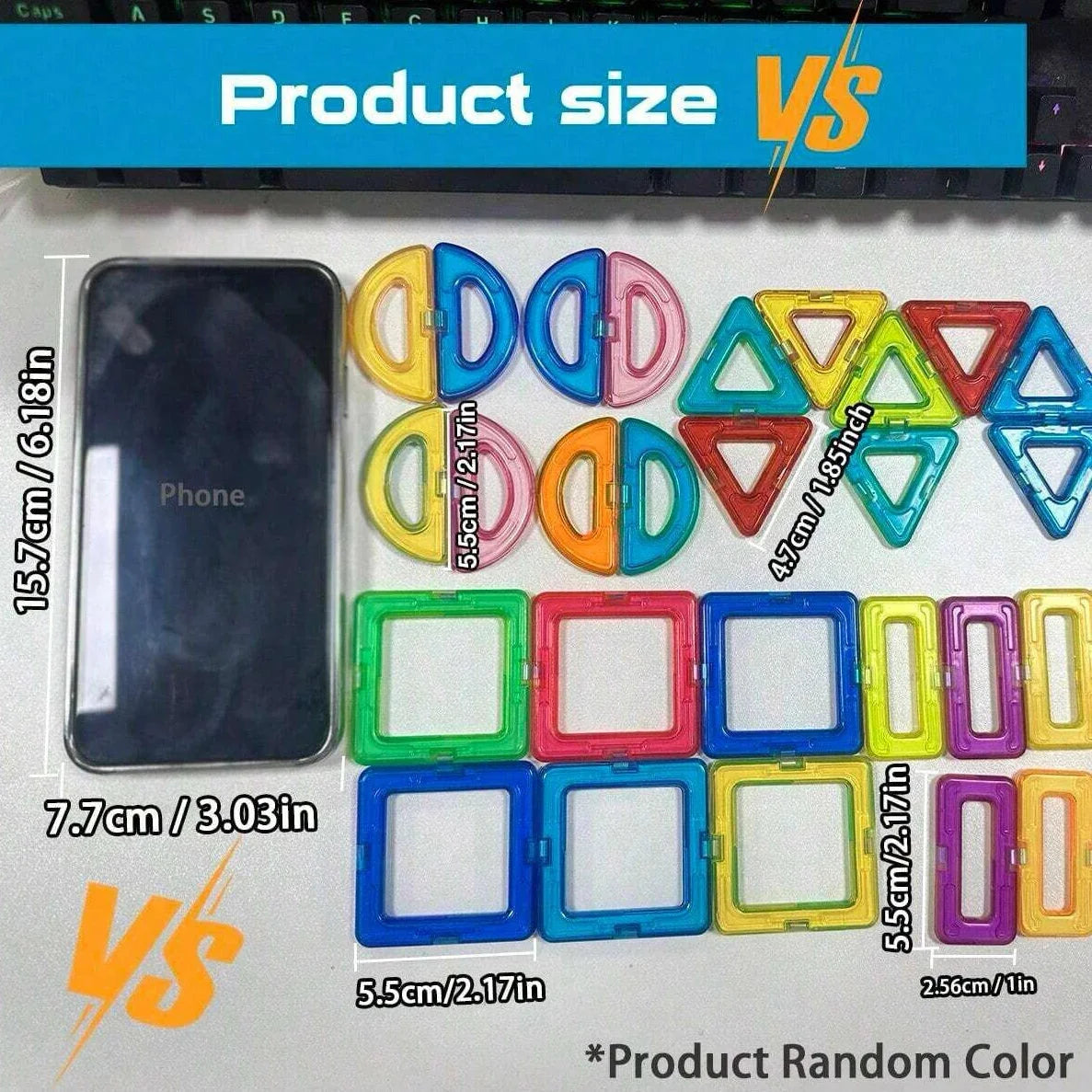 Mixed magnetic building blocks in color, with triangle and square frame shapes