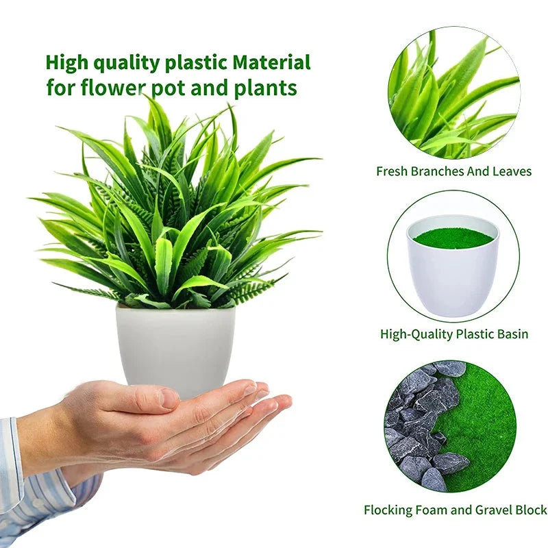 Artificial plant with spiky green leaves in a white plastic pot, with hand placement