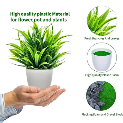Artificial plant with spiky green leaves in a white plastic pot, with hand placement