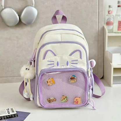 Purple and white cat-face school backpack with mesh front pocket and cute animal patches