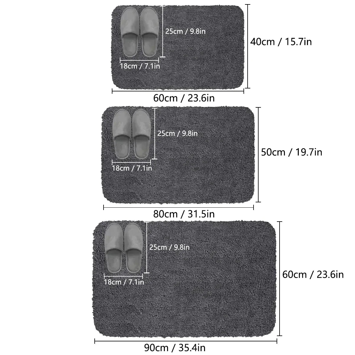 Long-pile absorbent bathroom mat size chart: 40x60, 60x80, 90x60 cm