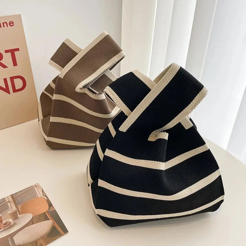 Striped knitted mini tote handbags, khaki and black with matching top handles