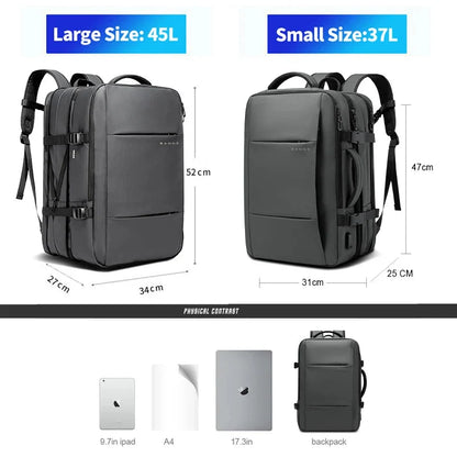 Two grey expandable business backpacks side by side, each with front buckles and straps