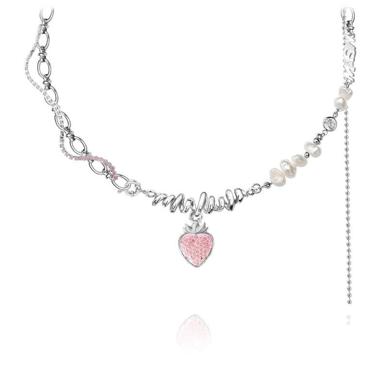 Strawberry pendant necklace with pink glitter heart charm and silver-tone chain