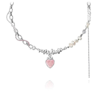 Strawberry pendant necklace with pink glitter heart charm and silver-tone chain