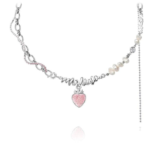 Strawberry pendant necklace with pink glitter heart charm and silver-tone chain