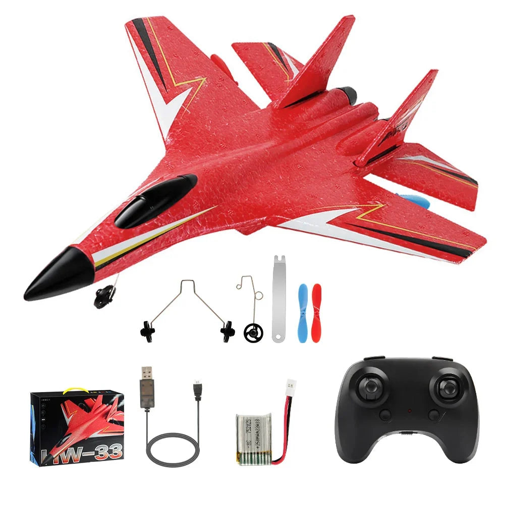 Red EPP RC airplane with remote controller and accessories, boxed RC toy set