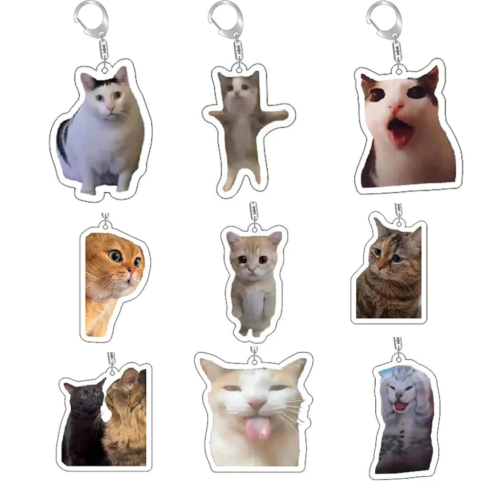Cat face keychain with silver ring and lobster clasp; assorted cartoon cat designs.