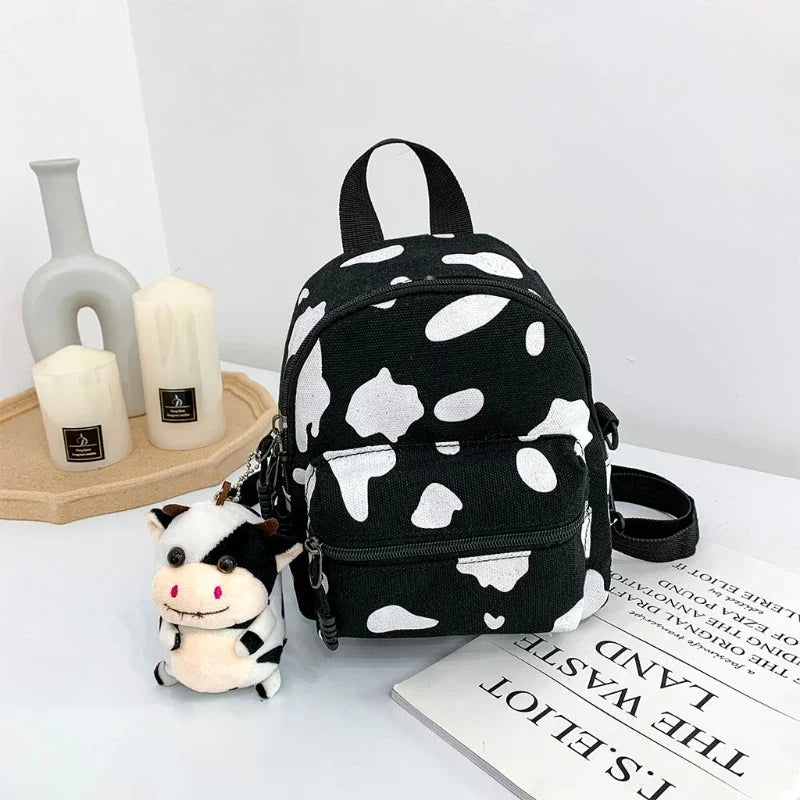 Kawaii Cow Print Mini Backpack – Cute Black & White Canvas Bag | Animal Print Accessory
