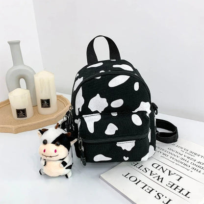 Kawaii Cow Print Mini Backpack – Cute Black & White Canvas Bag | Animal Print Accessory