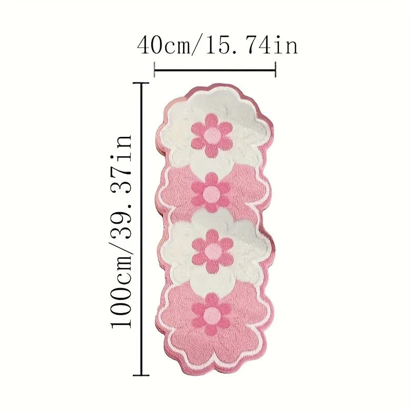 Pink and white scalloped floral plush runner rug, 40 x 100 cm (15.74 x 39.37 in).