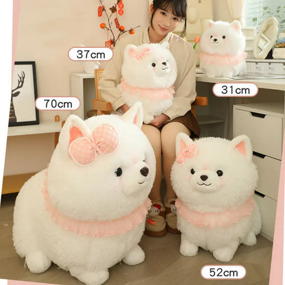 Kawaii Pretty Pomeranian Plushie – Fluffy White Dog with Pink Ruffle Collar | 31cm, 37cm & 52cm
