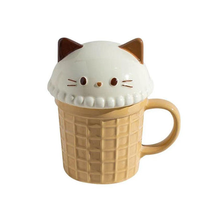 Animal ice cream mug with cat face lid and waffle-textured tan cup with cream handle