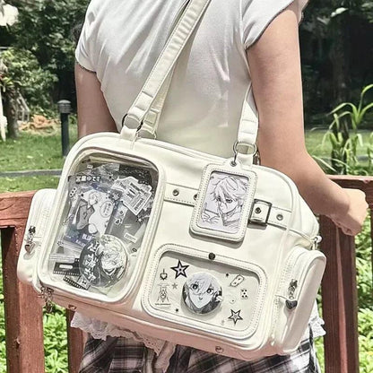 Pastel crossbody bag, white, front clear pouch with character badges and charms