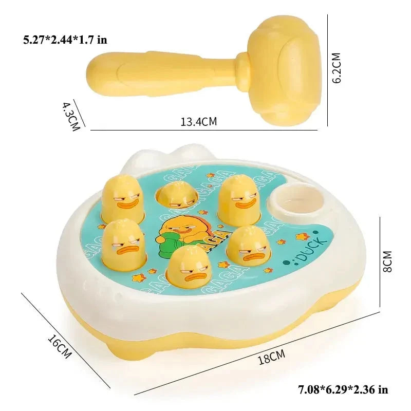 Yellow hammer and round duck puzzle base toy, with five duck face openings