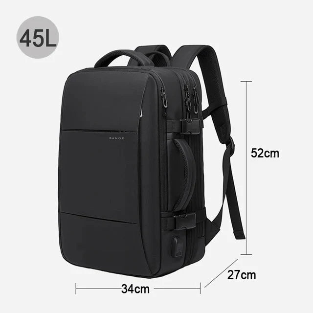 Expandable waterproof business backpack, black, front zip, padded shoulder straps, 45L.