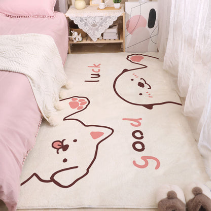 Cute bear face and paw print area rug with light background and red accents.