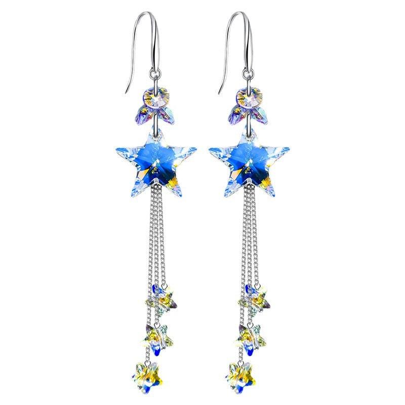 Blue star dangle earrings with clear crystal cap and multiple hanging charms