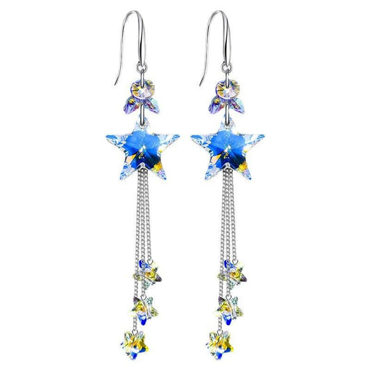 Blue star dangle earrings with clear crystal cap and multiple hanging charms