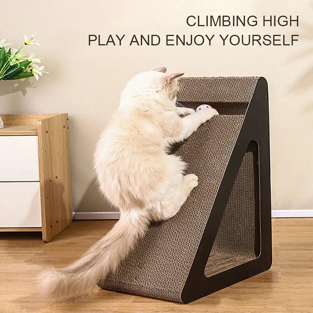 Triangular cardboard cat scratcher with open side; white cat pawing the textured surface