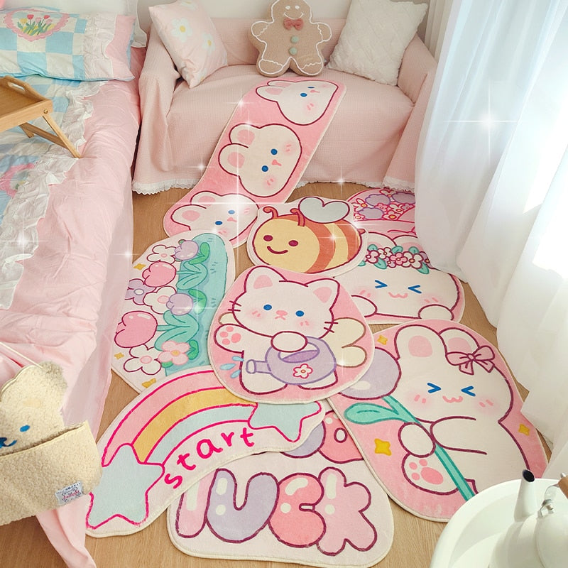 Cute pink bear and cat face area rug with non-slip backing, round corners
